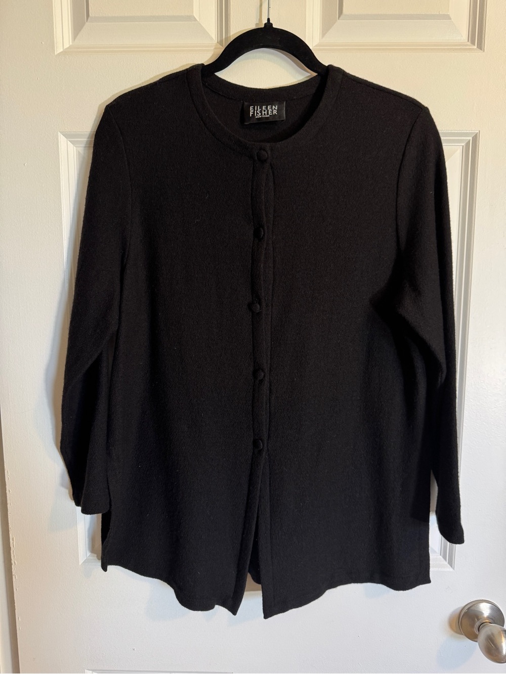 Eileen Fisher Black Button-Front Round-Neck 100% Wool Cardigan